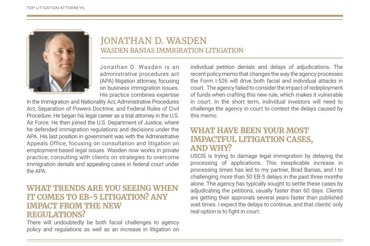 BaniasLaw's tweet image. Congrats to @wasdenbanias Partner Jon Wasden for being a top #eb5 litigator! #litigationworks