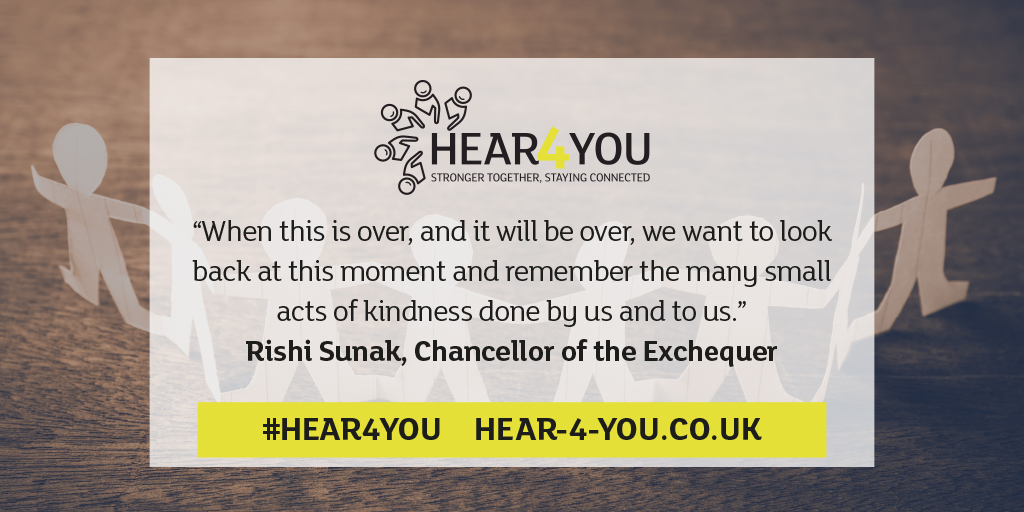 We need 15 minutes of your time🕒

We're thrilled to launch #Hear4You, a voluntary initiative to bring people together during the COVID-19 pandemic. We've partnered with <a href="/reengageuk/">Re-engage</a> &amp; <a href="/SSChospices/">Shooting Star Children's Hospices</a> to provide daily conversations to the lonely &amp; isolated.

bit.ly/2Vqs3eS
