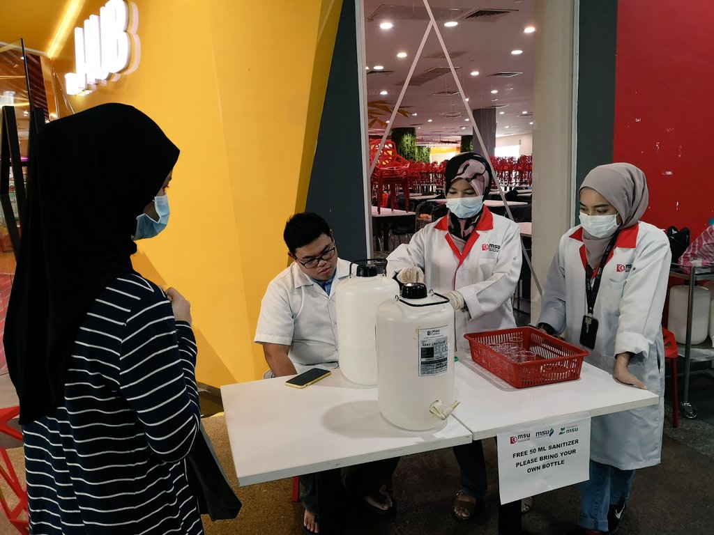 Dear #msurians

Can't find #handsanitizer anywhere? Too pricey? Don't worry, we've got you covered!

Come over & bring your own bottle to The Hub every Mon & Thu, 12-3pm to get #FREE hand sanitizer if you need it!

#collaborativeeffort by: 
#ScienceLabDept & #PurchasingDept