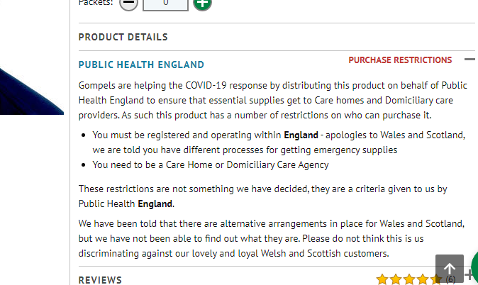 England-based PPE supplier Gompels say Public Health England have told them to supply to England only. Awaiting a response from Public Health England.