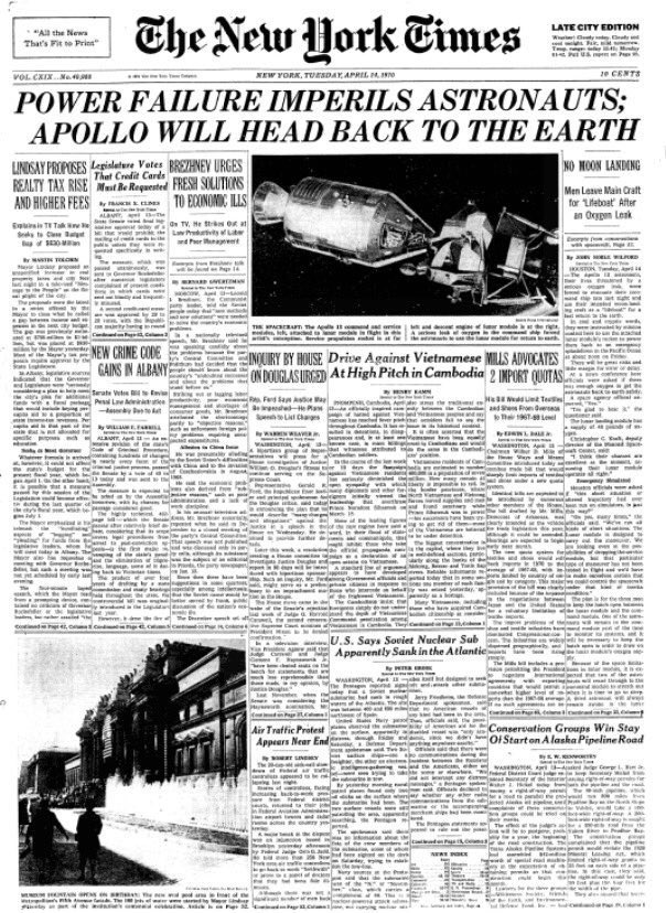 April 14, 1970: The morning papers, fifty years ago. Front page of the New York Times. 1/4