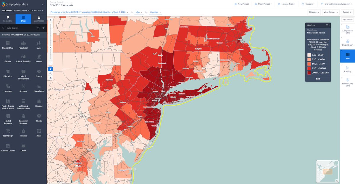 SimplyAnalytics's tweet image. COVID-19 data is now available in #SimplyAnalytics at the national, state, and county levels. Read the blog post to find out more about how to access this important information: bit.ly/2UONt64
#datasayswhat #covid19 #stayupdated