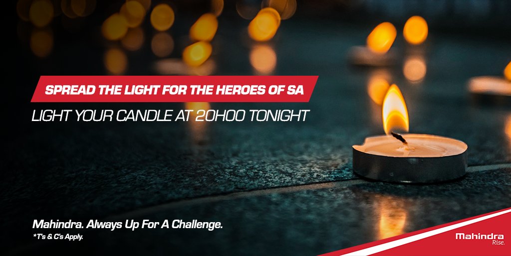 Mahindra_SA's tweet photo. Join #MahindraSA &amp; light a candle @ 8pm tonight in support of all the essential service workers. We are #WithYouAlways. #AlwaysUpForAChallenge https://t.co/zXe72Wz66j
