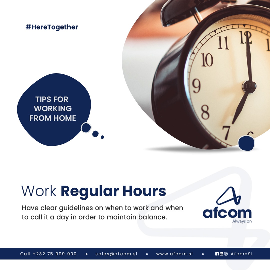 AfcomSl's tweet image. Set a schedule and stick to it - well most of the time.

Having clear guidelines on when to work and when to call it a day helps you maintain the work-life balance.

"When you work from home, a Tuesday looks pretty much like a Saturday"

We are #HERETOGETHER #AfcomSL #SierraLeone