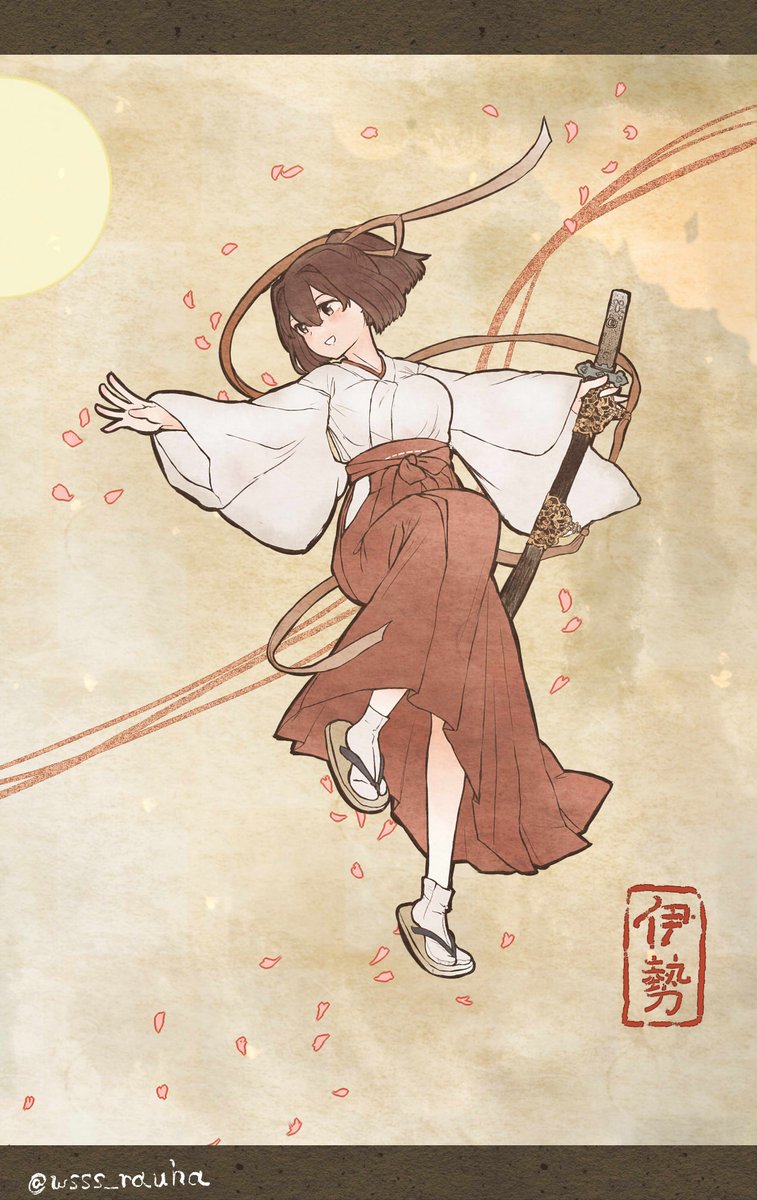 1girl japanese clothes solo brown hair weapon hakama short hair  illustration images