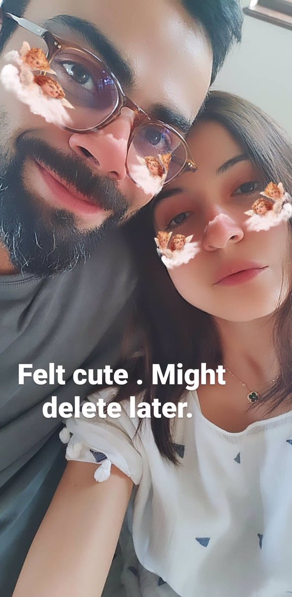 “Felt cute . Might delete later.” Ha!Anushka Sharma is obsessed with the filter. Also, her skin. And that clover pendant she is regularly wearing. That filter is on Virat’s glasses which makes it 10x cuter.