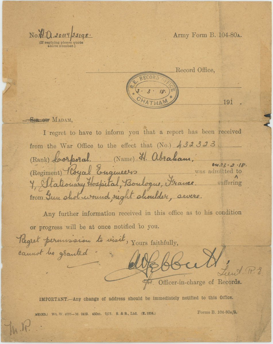 Harold was shot in the right shoulder, and honourably discharged as he was no longer fit for active duty. His family were notified by this letter. His discharge papers detail his service and give further insight into his role, listed as Field Line Telegraphist.