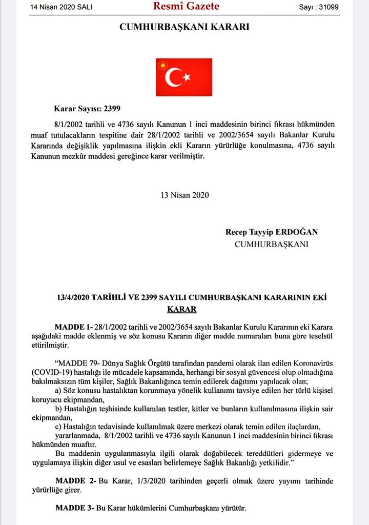 aliihsanyavuz54's tweet photo. Sayın Cumhurbaşkanımız tarafından yayımlanan Cumhurbaşkanlığı Kararnamesi ile vatandaşlarımızın, sosyal güvencesi olup olmadığına bakılmaksızın, KORONAVİRÜSE YAKALANAN TÜM VATANDAŞLARIMIZIN TEDAVİLERİ "ÜCRETSİZ" YAPILACAK.

#EvdeKal 
#BirlikteBaşaracağız https://t.co/y97i1BOvSk