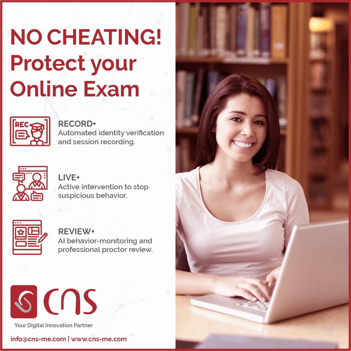 CNS_MiddleEast's tweet image. CNS has a proctoring solution to ensure that your online testing protocols reflect a similar standard to an exam hall scenario. Detect & prevent cheating, authenticate identities, & protect your exam content #cnsme #RemoteProctoring #TestingProtocols #DistanceLearning #RemoteExam