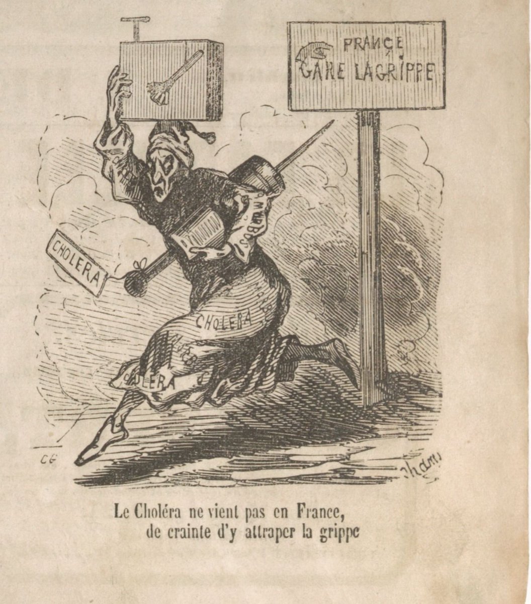 Blagues, chansons, parodies : la mise à distance des catastrophes par le rire est une stratégie de résistance humaine ancienne. Le blog L'Histoire à la BnF revient sur le rôle cathartique de la presse lors des épidémies de choléra et de grippe dans une série d'articles  #thread