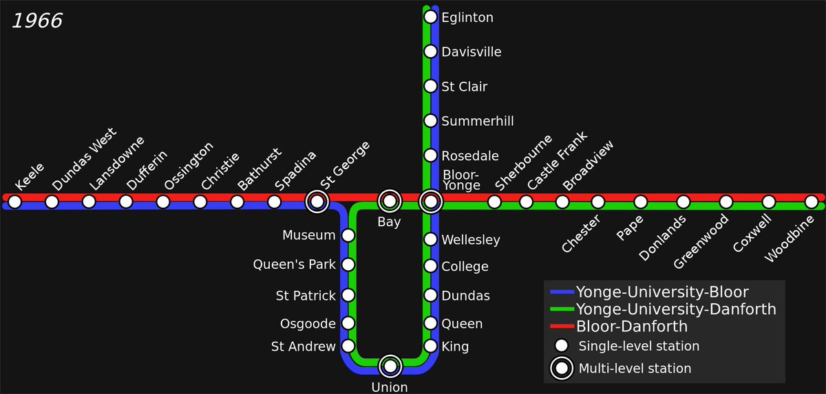 Station Bay - Toronto :Ouverte entre février et septembre 1966, fermée, car c'est une station qui devait accueillir 3 lignes, mais comme il n'y a pas d'indépendance, ça crée du retard sur les lignes, et donc, l'essai a été un échec, et donc station fermée au public