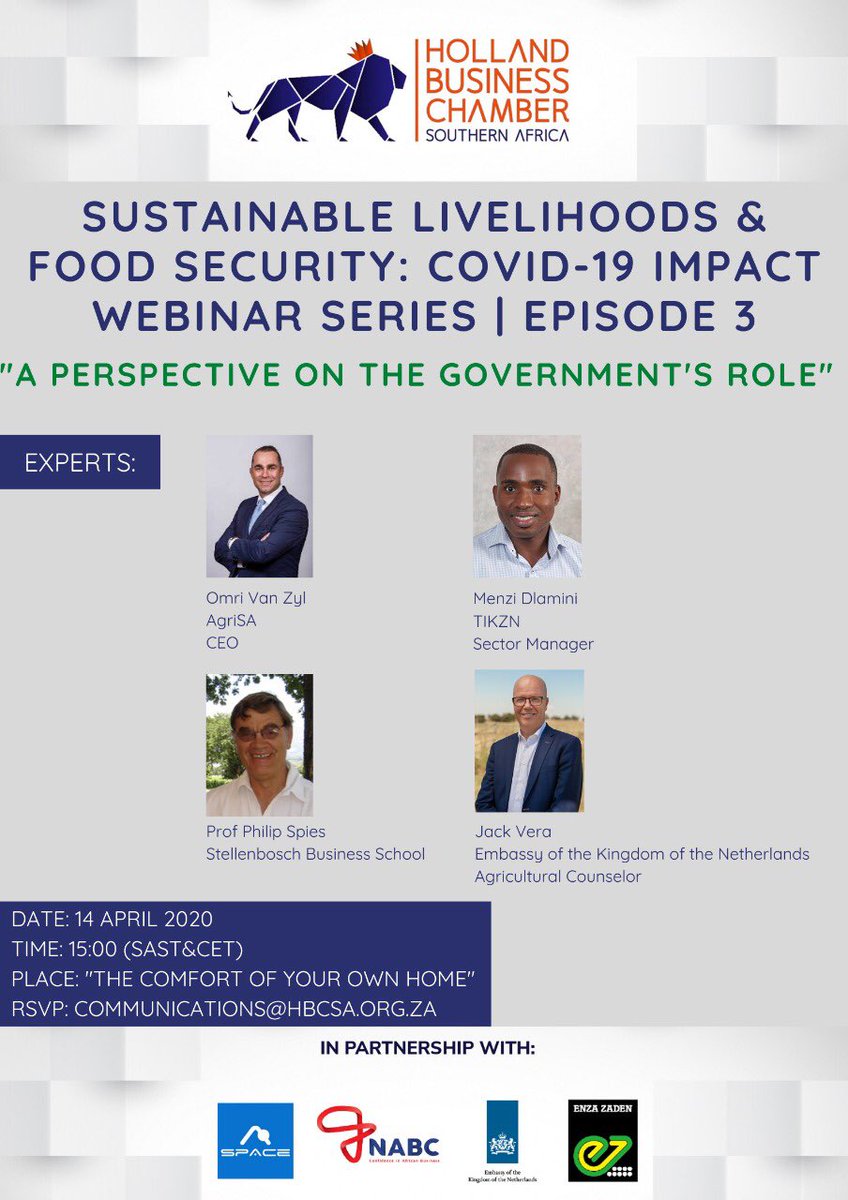 REMINDER: FINAL EPISODE!!

Two, down one more to go! 

This afternoon 3pm, we end off our agricultural webinar series with a look at the Government’s role in ensuring #foodsecurity and supporting #sustainablelivelihoods during the COVID-19 pandemic. 

youtube.com/watch?v=e9ucmx…