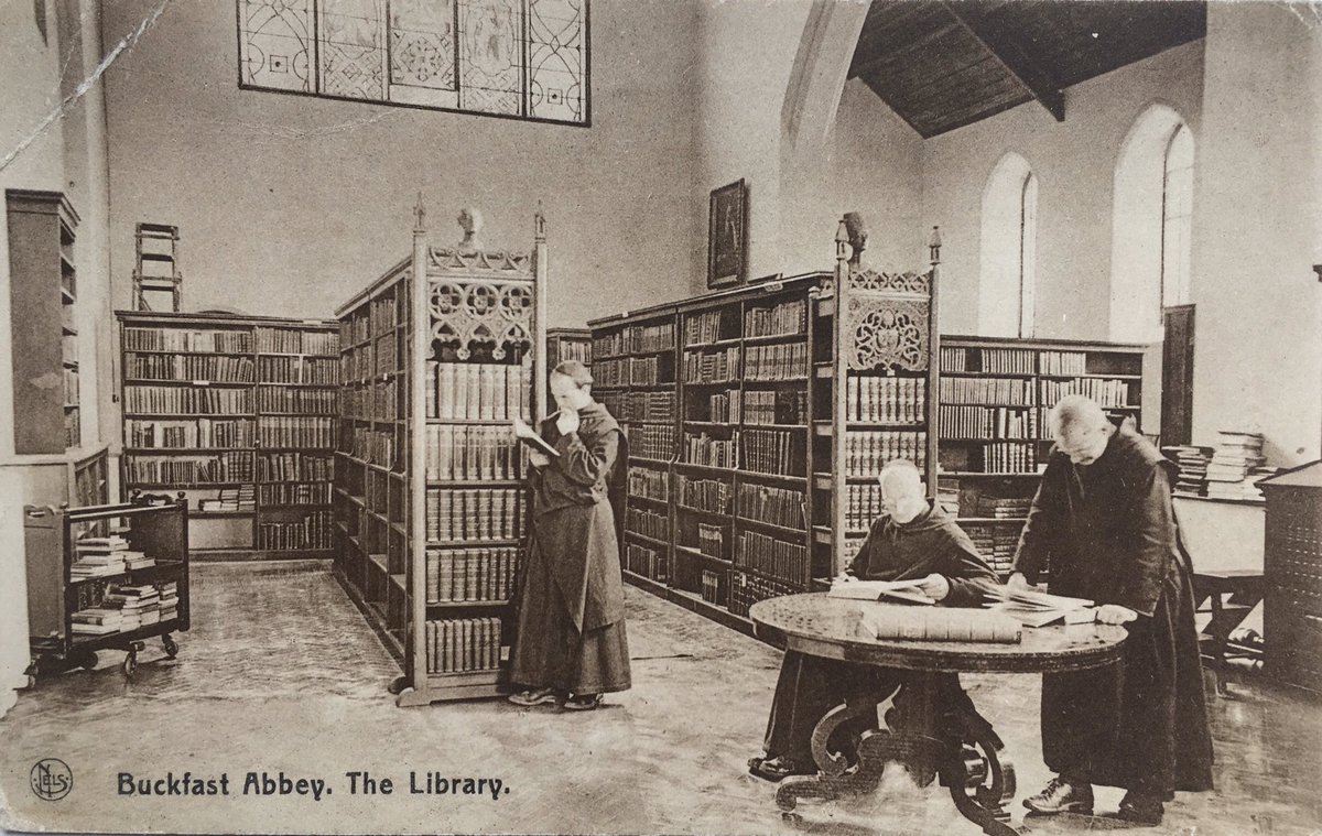 Well yesterday’s  #librarypostcards tweet went down well! Your reward is this presumably 1940s image of Buckfast Abbey ( @BuckfastNews), complete with posing studious monks. The abbey, crushed at the Dissolution in 1538, was refounded in 1903 & completed in 1938.  #libraries