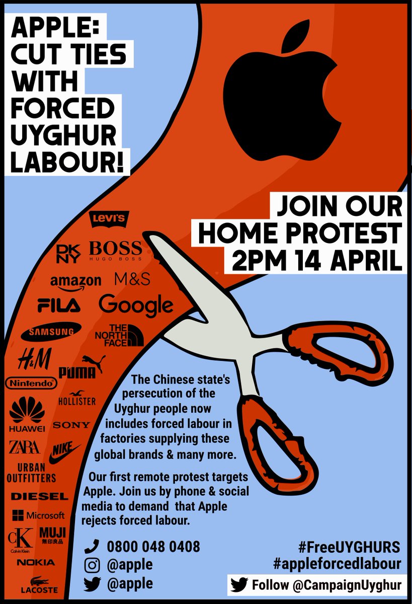 CampaignUyghur's tweet photo. TODAY protest to end #AppleForcedLabour and #FreeUyghurs.

At 2pm UK time (1pm GMT), contact Apple by phone, twitter &amp; insta. Ask them to cut ties with factories that use forced labour conscripted by China's govt from the persecuted Uyghur minority.

Solidarity will win! 🤝🌏✊ https://t.co/AK2FtfCXMy