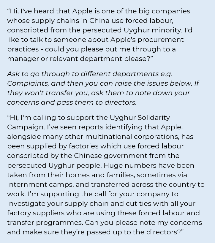 CampaignUyghur's tweet photo. TODAY protest to end #AppleForcedLabour and #FreeUyghurs.

At 2pm UK time (1pm GMT), contact Apple by phone, twitter &amp; insta. Ask them to cut ties with factories that use forced labour conscripted by China's govt from the persecuted Uyghur minority.

Solidarity will win! 🤝🌏✊ https://t.co/AK2FtfCXMy