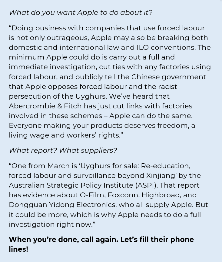 CampaignUyghur's tweet photo. TODAY protest to end #AppleForcedLabour and #FreeUyghurs.

At 2pm UK time (1pm GMT), contact Apple by phone, twitter &amp; insta. Ask them to cut ties with factories that use forced labour conscripted by China's govt from the persecuted Uyghur minority.

Solidarity will win! 🤝🌏✊ https://t.co/AK2FtfCXMy