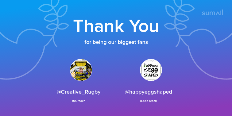 Our biggest fans this week: Creative_Rugby, happyeggshaped. Thank you! via sumall.com/thankyou?utm_s…