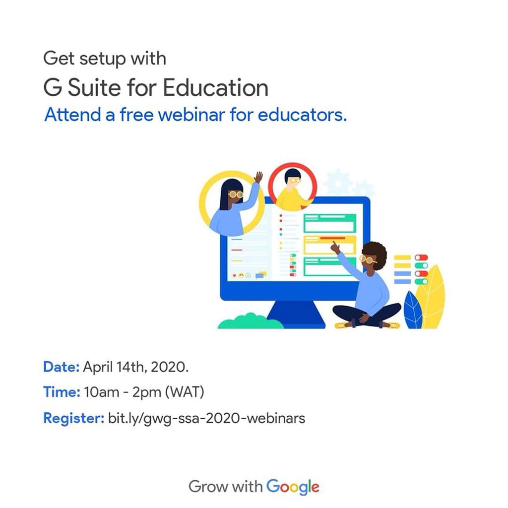 Google SSA 2020 webinar for educators is a training on how to have a better engagement with students through collaborative work,creativity and critical thinking.
Today is the day. Register here bit.ly/gwg-ssa-2020-w…

#GoogleDigitalSkills
#GrowWithGoogle
#StayHomeStaySafe