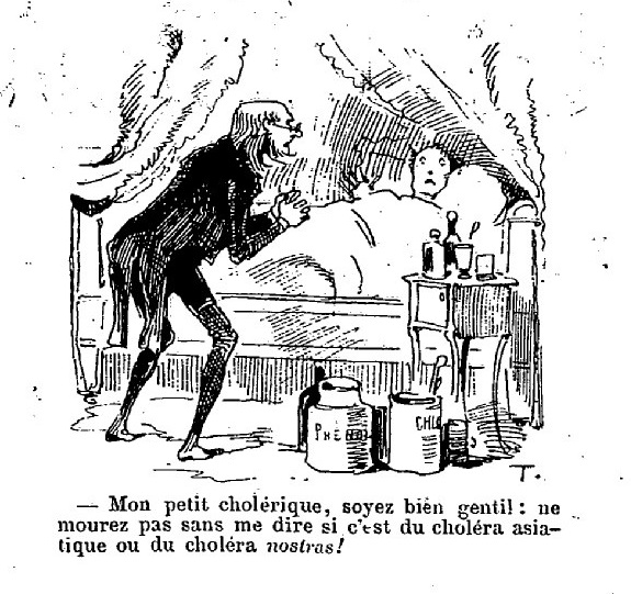 Les avancées de la médecine au XIXe s ne sont pas épargnées par la moulinette charivarique, comme lors de la nouvelle épidémie de choléra de 1884. On se moque des rumeurs sur la dangerosité des melons comme des disputes entre médecins