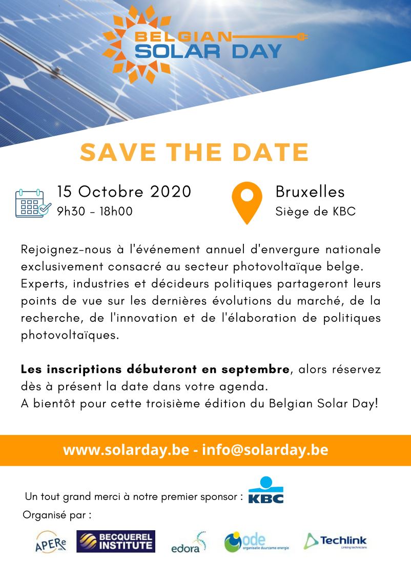 EdoraFed's tweet photo. A vos agendas...
Retrouvez-nous le 15 octobre à Bruxelles aux côtés de @ODEVlaanderen @BecquerelForPV @APERe_asbl @Techlink_nl pour la troisième édition du Belgian Solar Day #BSD3 ☀️. https://t.co/HsJ7VdFPsB https://t.co/hUFlpDAxcI