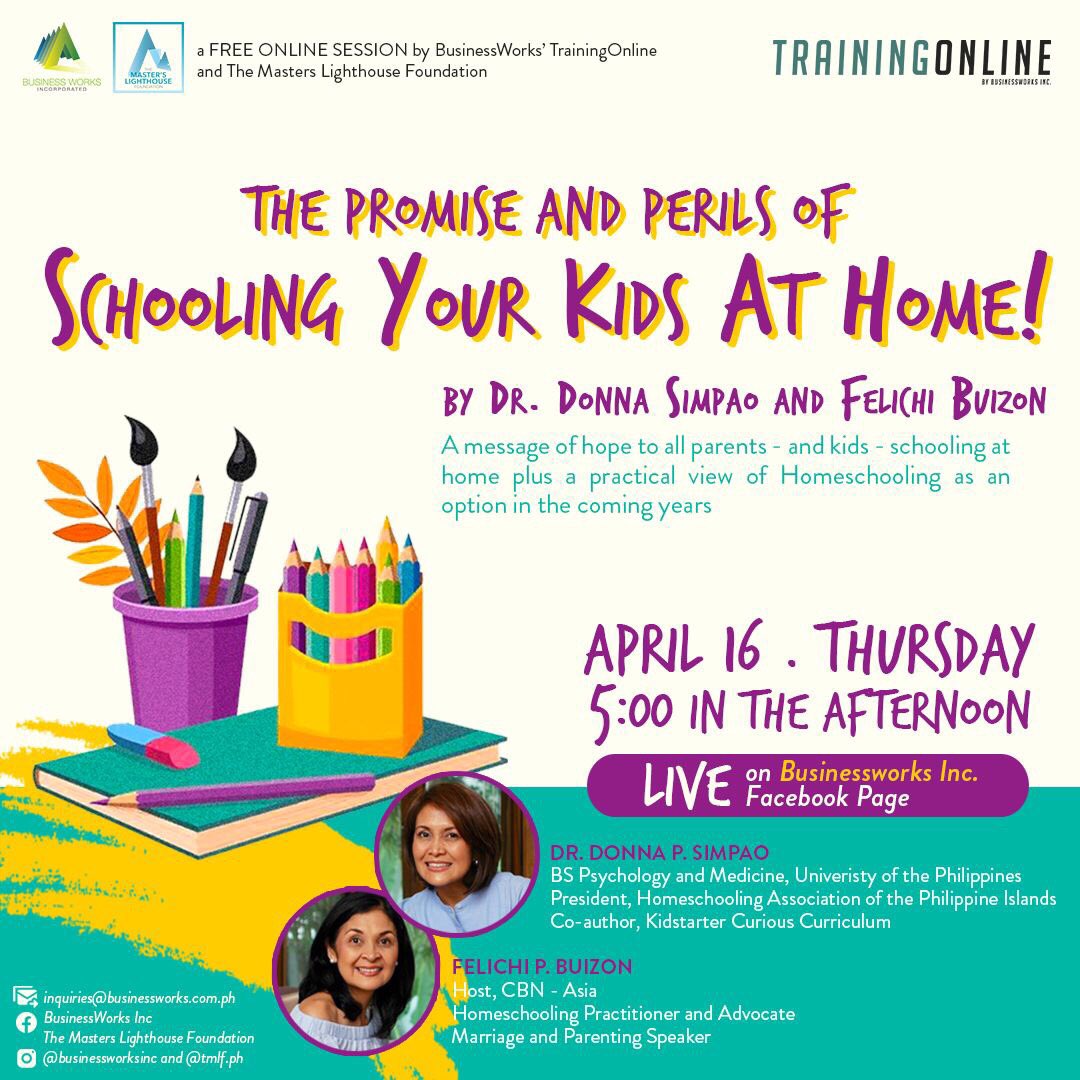 We want you to have quality online learning and one of the many challenges we are facing now is how to manage and improve on Homeschooling. Learn the How-to’s of Homeschooling w Felichi Buizon and Dr. Donna Simpao
We have prepared another free webinar your way. 
#BWILearnFromHome