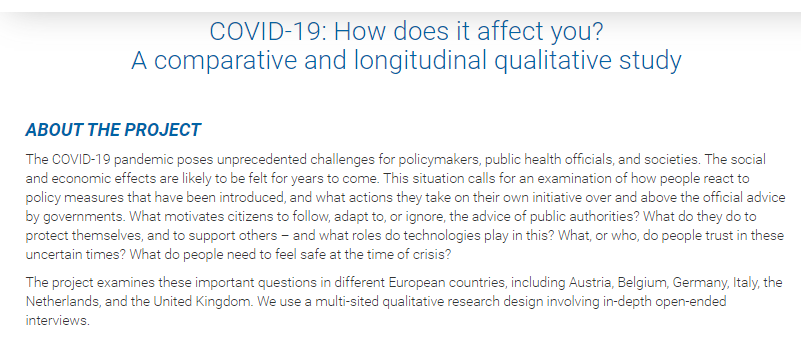  An international team led by  @BPrainsack &  @Kat_Kieslich from  #CeSCoS is carrying out in-depth interviews in 7 EU countries to try to understand how  #COVID19 affects people, what they do during the pandemic & why #RRI  #scicomm https://twitter.com/BPrainsack/status/1248933425383444481?s=20