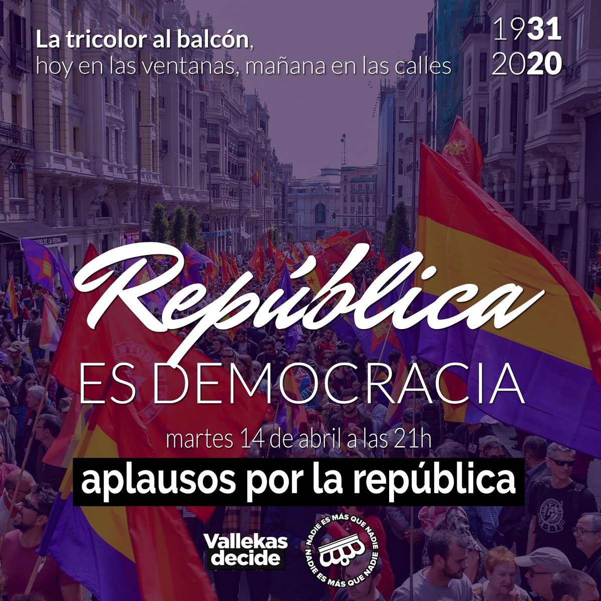 Creemos que este 14 de Abril no puede pasar inadvertido.
Animamos a que l@s vallekan@s colguemos en el balcón la tricolor y que nos enviéis fotos de los balcones, demostremos que Vallekas es republicana.
A las 21h aplaudimos por la República que llegara.
#14deAbril 
#Republica