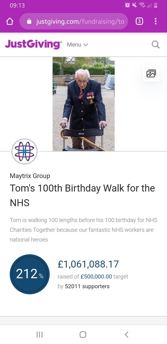NHSCharities's tweet photo. And he's done it. War hero @captaintommoore has surpassed his new £1million target already! Keep going, Tom. How much more can you help him raise for our #COVID19 Urgent Appeal? #walkwithtom #NHS https://t.co/8uyqIVF7Jq