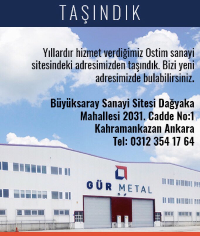 Gür Metal olarak, geniş makine parkı ve tam donanımlı ekibimizle yeni fabrikamızda hizmetinizde olduğumuzu bildirmekten mutluluk duyarız.  #yerliüretim #yerlivemillisanayi #gürmetalkasa