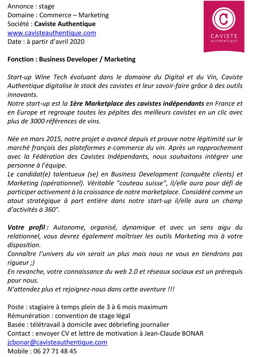 cav_authentique's tweet photo. Caviste Authentique | OFFRE D'EMPLOI stagiaire 🧐 
#travail #offredemploi #work #teletravail https://t.co/Rr9tG0Zwcl