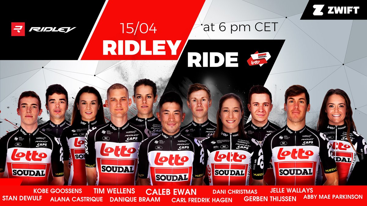 Our-line-up for the Ridley Ride of tomorrow. <a href="/CalebEwan/">Caleb Ewan</a> will be our leader. <a href="/Tim_Wellens/">Tim Wellens</a> is one of his teammates. You can be teammate too. No race. 6 PM CEST <a href="/GoZwift/">Zwift</a> <a href="/Ridley_Bikes/">Ridley Bikes</a> @tacx