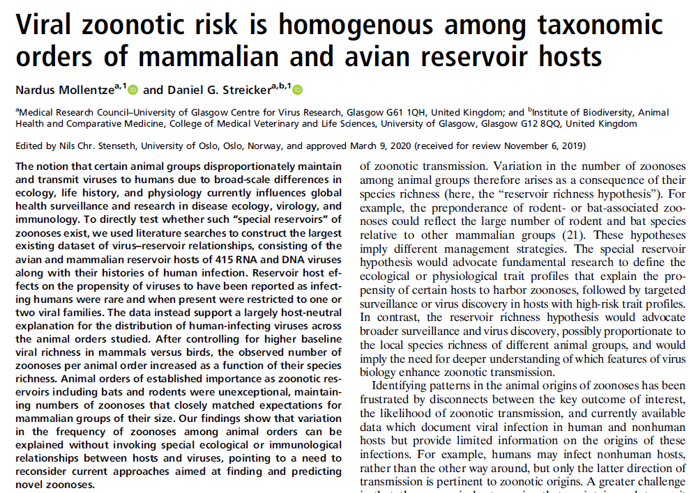 All the quotes from the thread are from a great paper, freshly out, by  #Mollentze and  @DanielStreicker Thank you to both for this important work. Title: "Viral zoonotic risk is homogenous among taxonomicorders of mammalian and avian reservoir hosts" https://doi.org/10.1073/pnas.1919176117