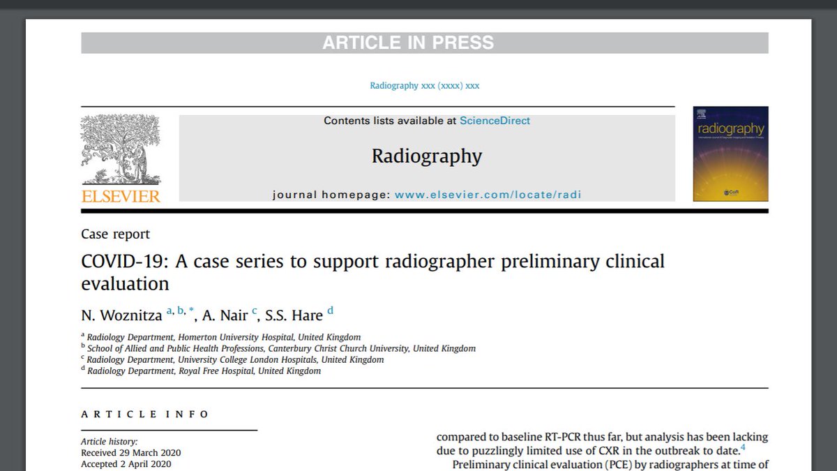 Radiography Journal (@radiographyjour) on Twitter photo COVID-19: A case series to support radiographer preliminary clinical evaluation <a href="/xray_nick/">Nick Woznitza 🇪🇺</a> <a href="/lungdiagnosis/">DrSamHare 🏆</a>
<a href="/lungradiologist/">arjunnair</a> paper now online and freely available to all bit.ly/2RBsnWQ COVID-19: A case series to support radiographer preliminary clinical evaluation <a href="/xray_nick/">Nick Woznitza 🇪🇺</a> <a href="/lungdiagnosis/">DrSamHare 🏆</a>
<a href="/lungradiologist/">arjunnair</a> paper now online and freely available to all bit.ly/2RBsnWQ