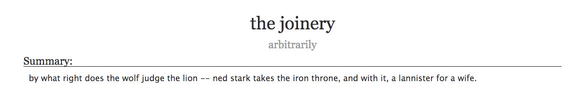 11. a fic that brought you on board a new shipthe joinery by arbitrarily- asoiaf, ned/cersei- a rare but amazing pairing i discovered, at first i was like wtf but then I was like yes- the formatting and structure of this fic is wonderful, and the language choices are perfect