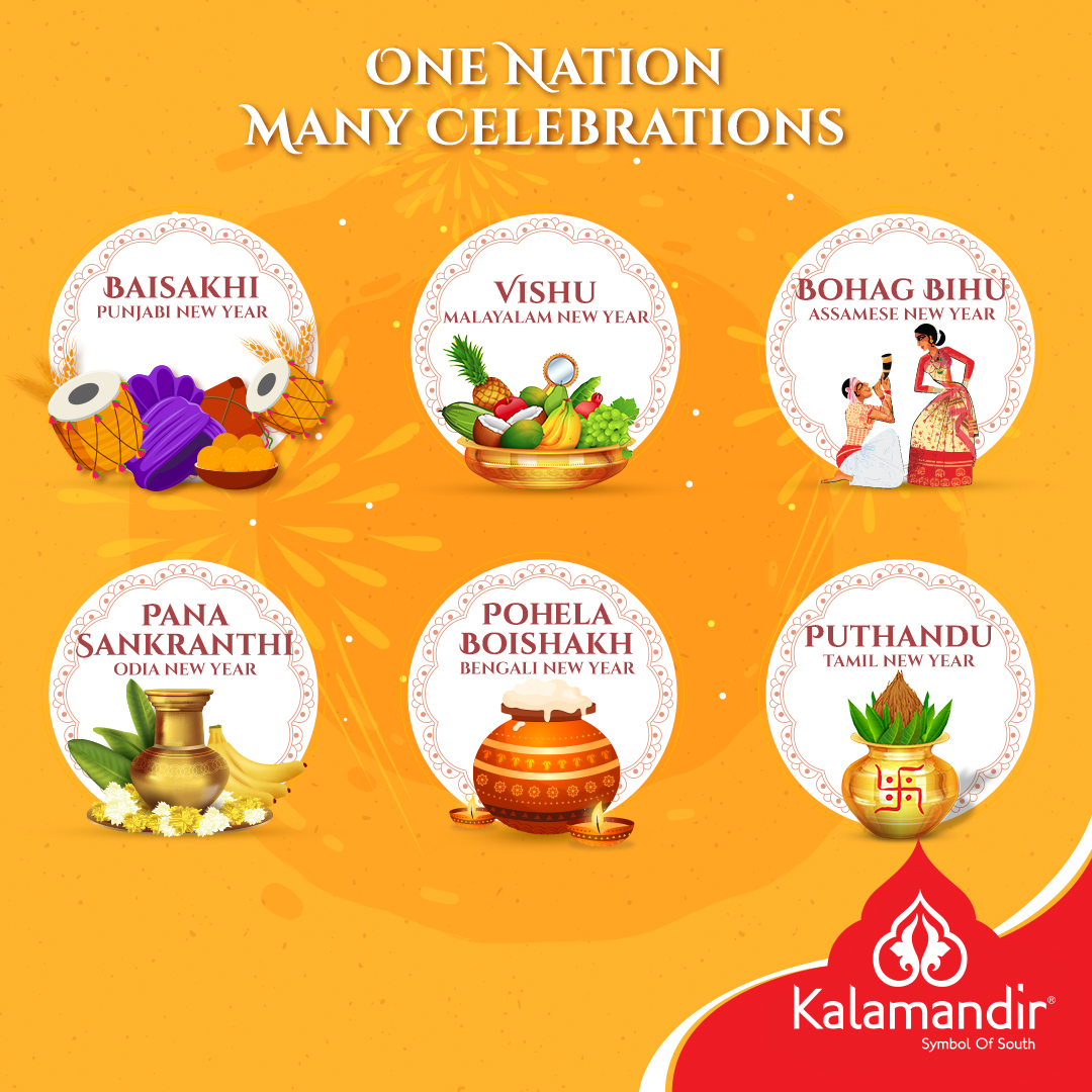 kalamandir's tweet photo. Usher in the festive mood with the unlimited celebration across the country. Let's stay safe and celebrate it at home. Heartfelt festival wishes from Kalamandir.  
#happybaisakhi
#happypanasankranthi
#happyvishu
#pohelaboishakh
#bohagbihu
#puthanduvazhtukal
#stayhome
#staysafe https://t.co/o5ZhjIfzFS