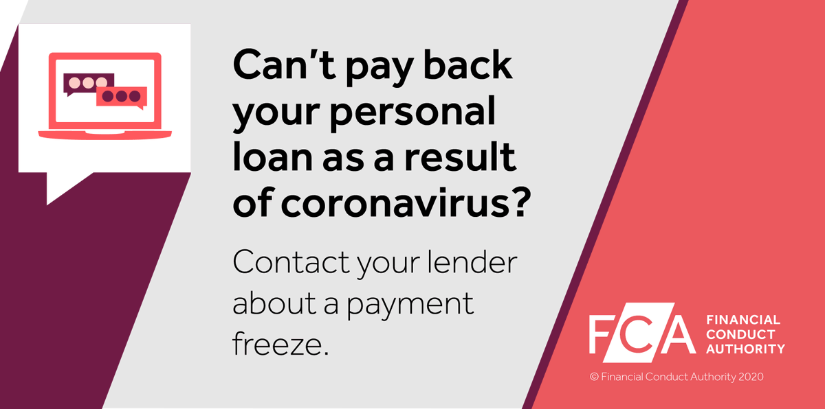 If you can’t pay back a personal loan due to #coronavirus, you can check online with your lender for a 3-month payment freeze. Find out more fca.org.uk/consumers/coro… #coronavirusuk #COVID19 #FCAupdate