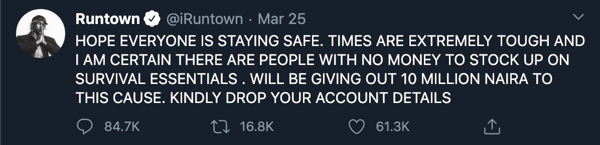 Okay can we talk about how totally inspiring Runtown has been! Whether he is posting pictures of himself at home or doing cash giveaways on Twitter to support people in need, the singer has shown us a side of him that we weren’t accustomed to before now.