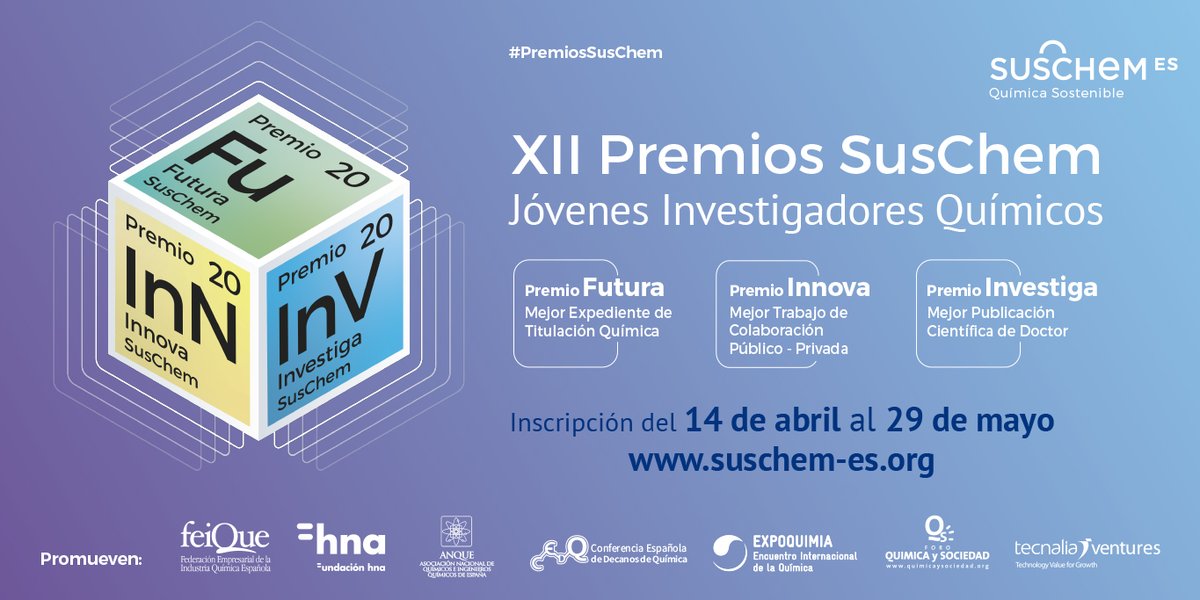 #PremiosSusChem | ¡Arrancan los Premios SusChem 2020! Hasta el 29 de mayo, no pierdas la oportunidad de presentar tu candidatura a las categorías #Futura, #Innova o #Investiga Consulta las bases en bit.ly/2WYNO7R