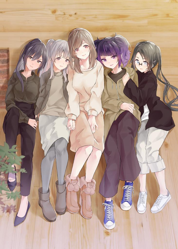 shirase sakuya ,tanaka mamimi ,tsukioka kogane ,yukoku kiriko diagonal bangs multiple girls twintails glasses 5girls skirt purple hair  illustration images