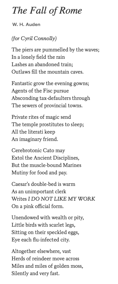 84 The Fall Of Rome by W H Auden #PandemicPoems  https://soundcloud.com/user-115260978/84-the-fall-of-rome-by-w-h-auden