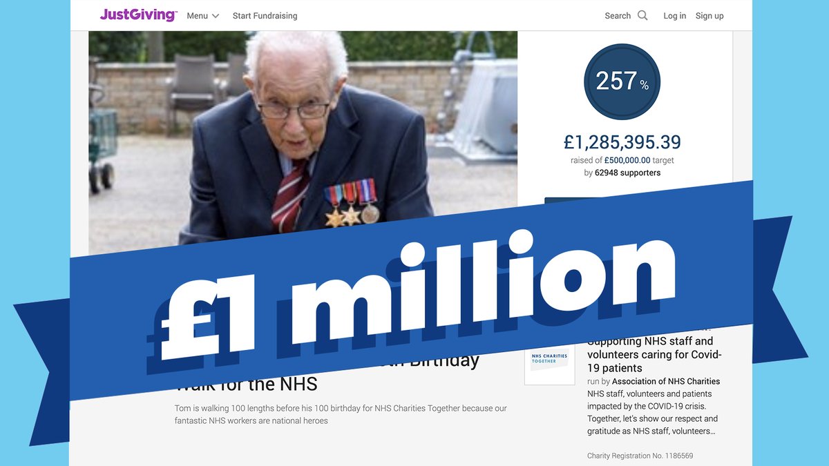 JustGiving's tweet photo. A massive 👏👏👏 for @captaintommoore raising over £1 million for @NHSCharities. 

A true inspiration to us all 🙌 

 https://t.co/YCaGV9ZJIj https://t.co/W5lXXutNQx