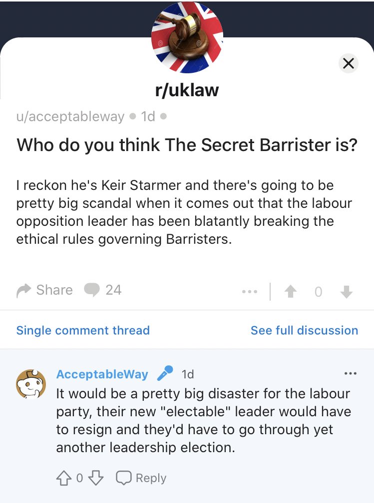 It’s not just Labour Reddit that’s on the case. Some folks with a righteous “UK law”/Union flag/gavel motif are now predicting “a pretty big scandal when it comes out” that Keir Starmer is The Secret Barrister.