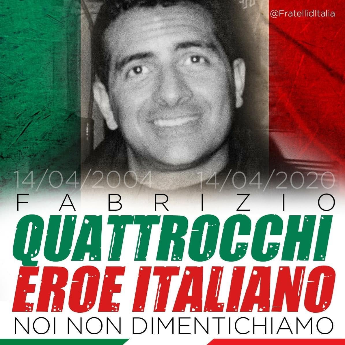 Oggi ricordiamo Fabrizio Quattrocchi, un grande uomo e Patriota, simbolo di un’Italia a testa alta.
Possa il suo ricordo aiutare a risollevarci. Perché noi siamo italiani, e con orgoglio e coraggio ci rialzeremo. Fabrizio vive 🇮🇹