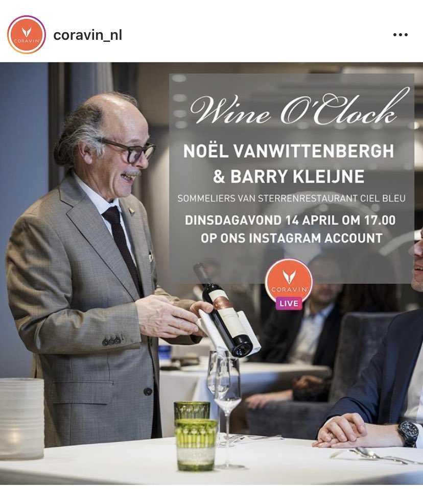 FokkoTweets's tweet photo. Vanmiddag om 17:00 bij @Coravin_NL op Instagram. Live wijnlessen van Noël en Barry van ** #Michelin restaurant #CielBleu https://t.co/y6jOUrYofn