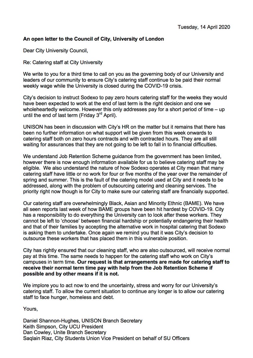 We call on @cityunilondon to act now to ensure our catering staff are financially supported during the #COVID19 pandemic. City do the right thing - don't leave our caterers to face hunger, homeless and debt! Open letter from UNISON, @CityUCU, @unitetheunion & @CityUniSU 👇👇👇