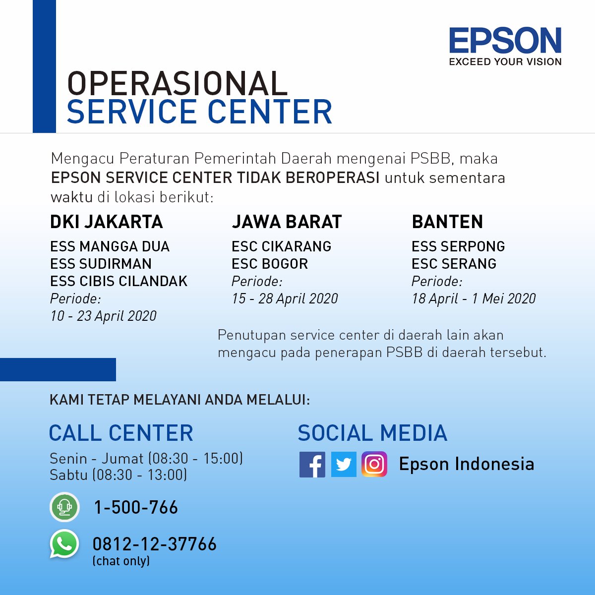 Epson Indonesia On Twitter Penghentian Sementara Operasional Service Center Epson Di Dki Jakarta Jawa Barat Dan Banten Terkait Dengan Penerapan Psbb Di Ketiga Wilayah Tersebut Kami Mohon Maaf Atas Ketidaknyamanan Yang Terjadi