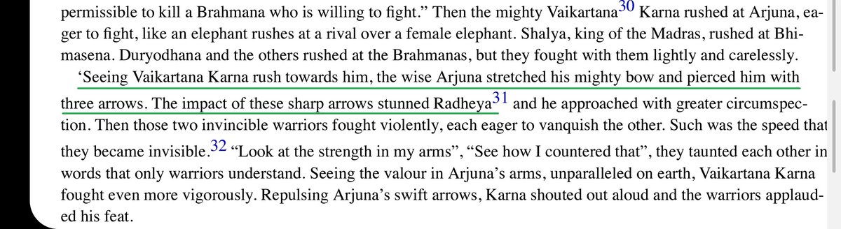 Pic-1: Arjuna STUNNED Radheya with his arrows.Pic-2: Arjuna challenges Karna again and hearing this, Karna withdraws from battle as he thought that the "Bhramin's strength was INVINCIBLE."