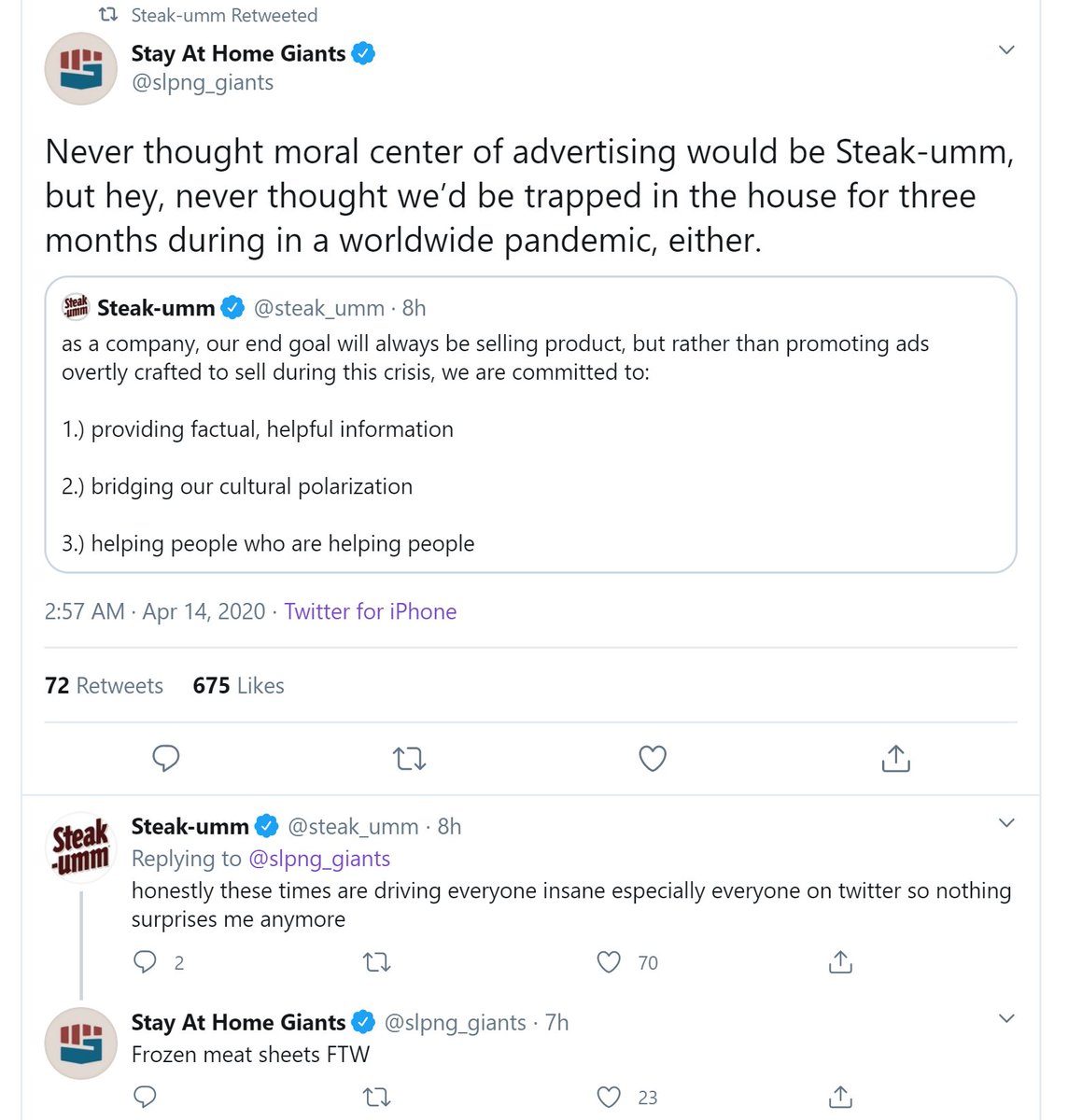 Uniquely, Steak Umm doesn't just post ennui or jokes. It is often thoughtful, unique and striking commentary. For  #covid19, there have been a range of good threads on expertise, natural thinking, misinformation etc, and each have drawn strong support, mostly from Americans: