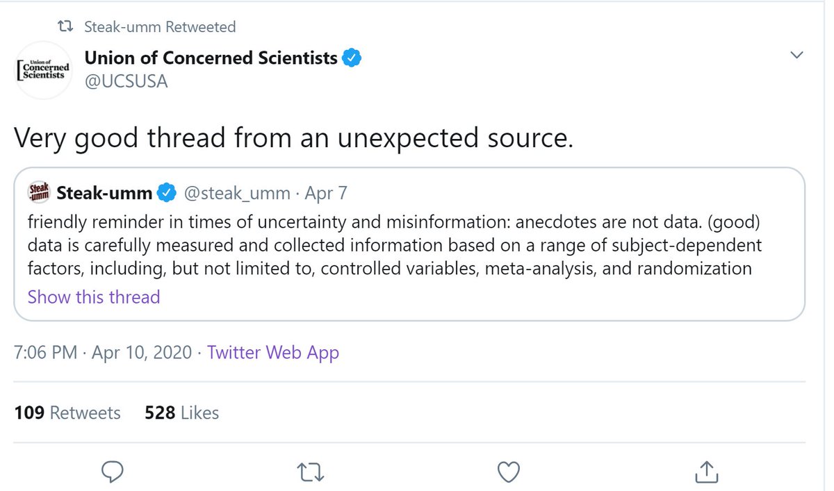 Uniquely, Steak Umm doesn't just post ennui or jokes. It is often thoughtful, unique and striking commentary. For  #covid19, there have been a range of good threads on expertise, natural thinking, misinformation etc, and each have drawn strong support, mostly from Americans: