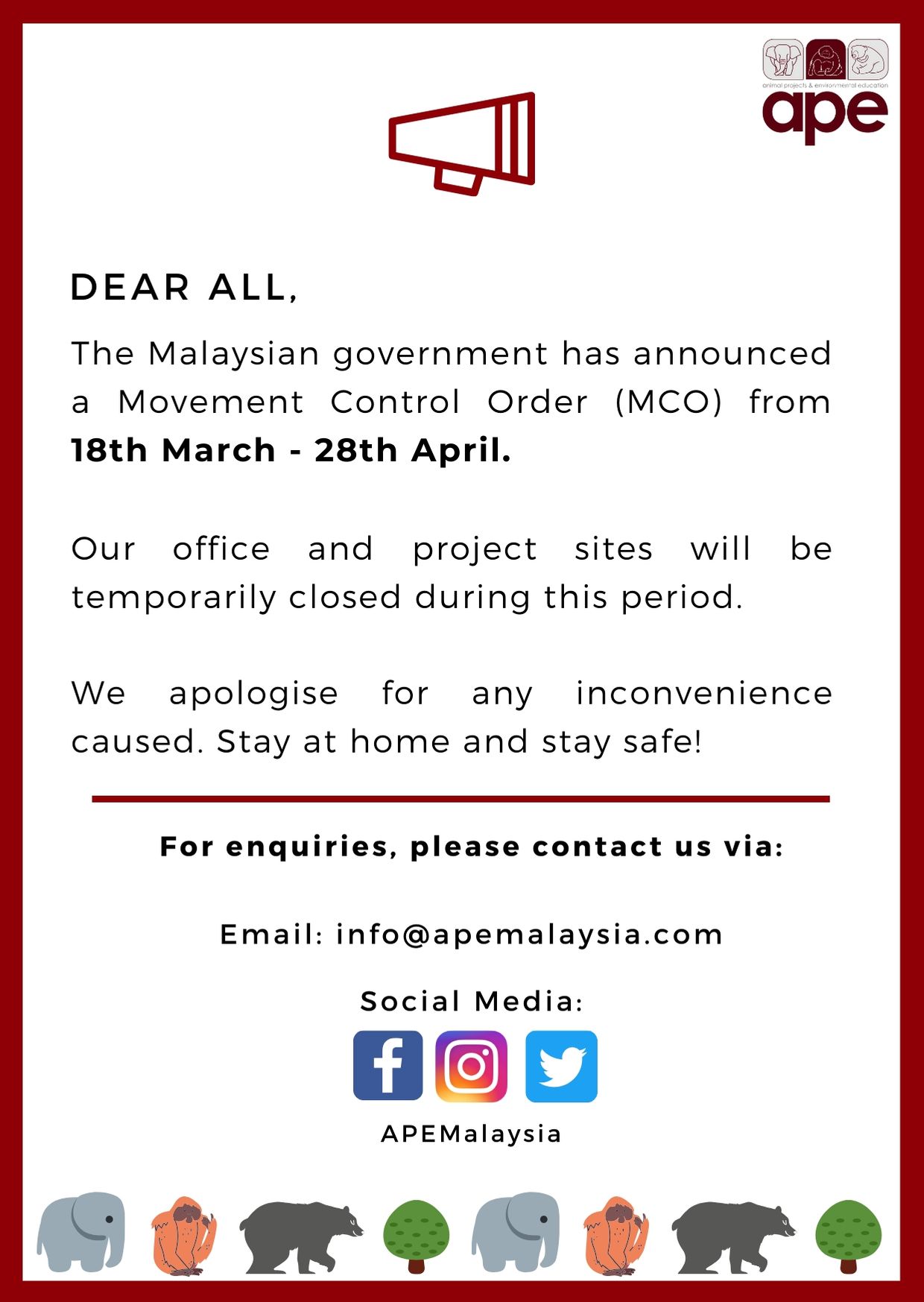 Ape Malaysia On Twitter Due To The Movement Control Order Mco In Malaysia Our Office And Project Sites Are Currently Closed However We Are Working From Home And Will Keep You Updated